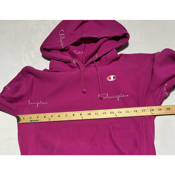 Champion Reverse Weave Hoodie Womens Small Pink Purple Spellout Logo Sweatshirt - Picture 8 of 12